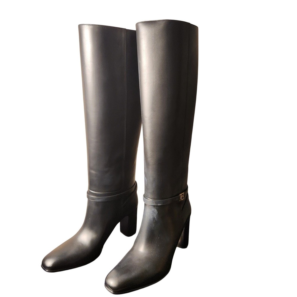 Ralph Lauren Knee High Boots Womens 38.5 Black Leather Ragan BO block Heel Italy